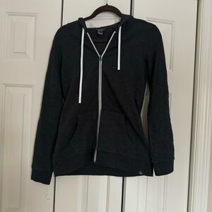 Eddie Bauer full zip fleece top with hood. Size XS. Dark heather gray